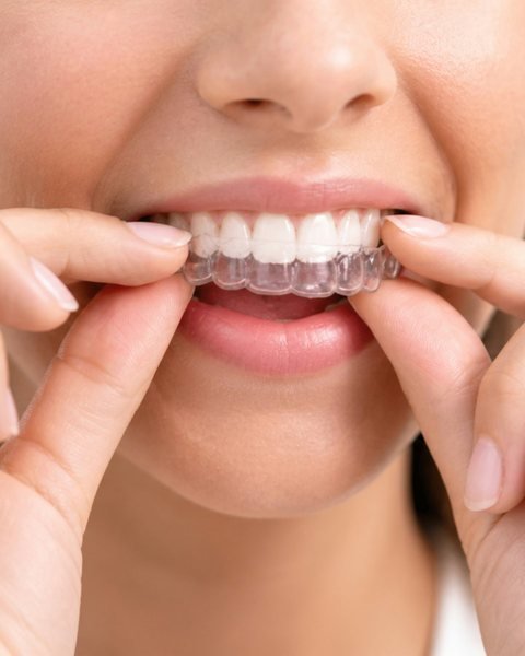 Sorriso com o alinhador transparente encaixado nos dentes